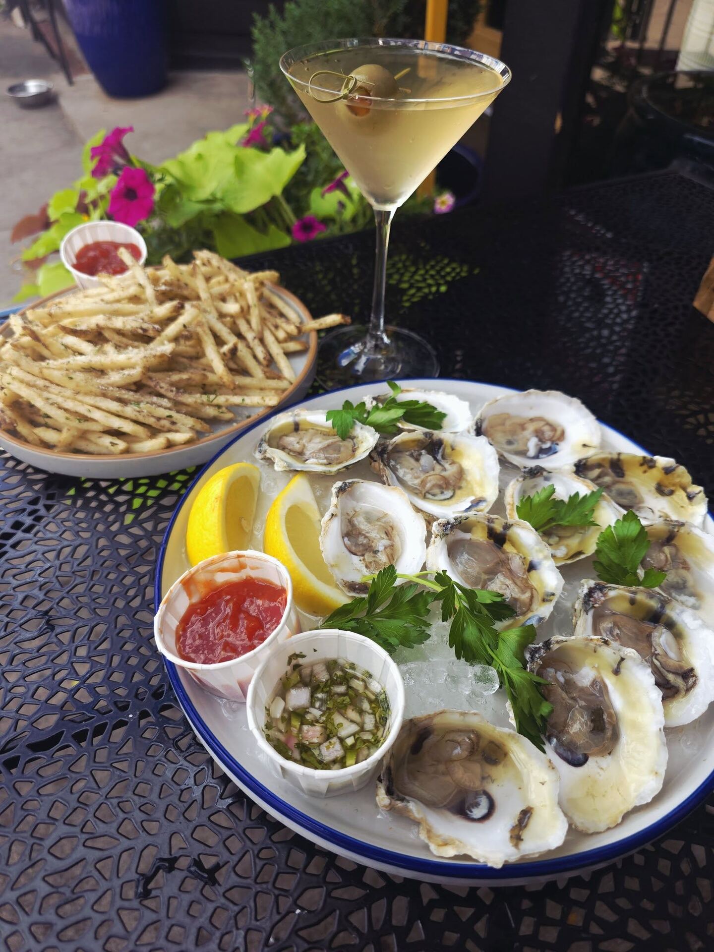 Oysters, fries, and a martini on Borracho's patio